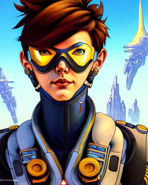 Image similar to tracer from overwatch, character portrait, portrait, close up, concept art, intricate details, highly detailed, vintage sci - fi poster, retro future, in the style of chris foss, rodger dean, moebius, michael whelan, and gustave dore