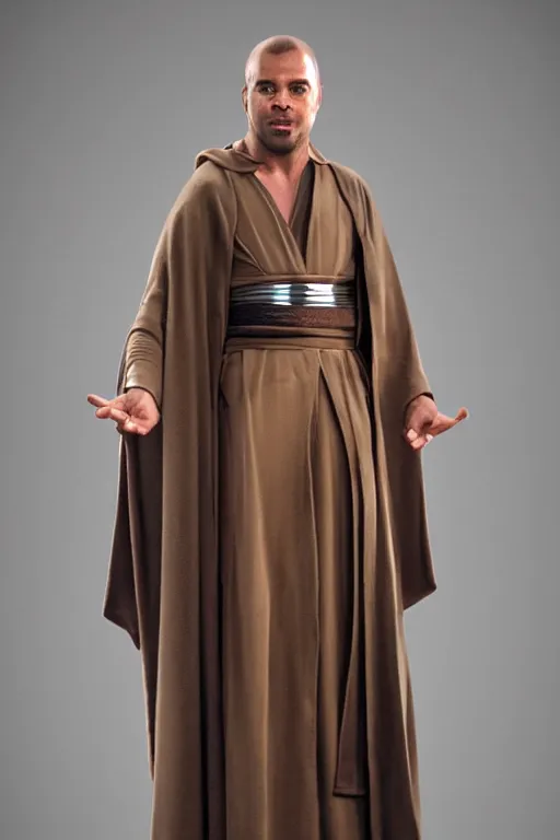 Image similar to photorealistic!! adult patrick steward as a jedi knight, brown jedi robe, film quality