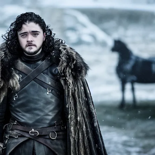 Image similar to maisie williams as jon snow from game of thrones, golden hour, cinematic