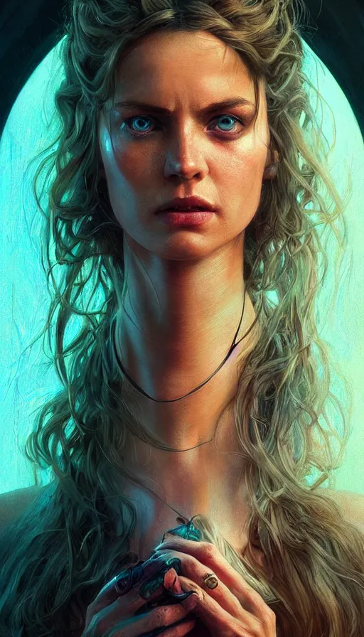 Image similar to furious gorgeous woman painted on a door, lord of the rings ,neon, fibonacci, sweaty, insane, intricate, highly detailed, digital painting, artstation, concept art, smooth, sharp focus, illustration, Unreal Engine 5, 8K, art by artgerm and greg rutkowski and alphonse mucha