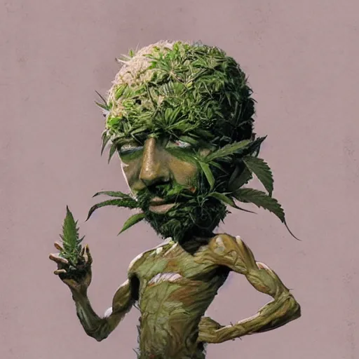 Prompt: a man made of hemp, with a head in the form of a cannabis bloom, like young grut, green skin, character, art by james jean and greg rutkowski!!, realistic face, digital art, chibi style, golden ratio, perfect composition, trending on artstation, 8 k