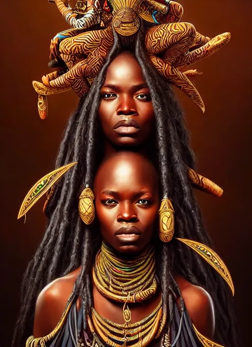 Image similar to : african shamen fantasy, fantasy magic, , intricate, sharp focus, illustration, highly detailed, digital painting, concept art, matte, Artgerm and Paul lewin and kehinde wiley, masterpiece