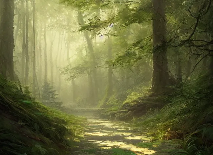 Image similar to a beautiful pathway in a forest, lush trees, a fantasy digital painting by greg rutkowski and james gurney, trending on artstation, highly detailed