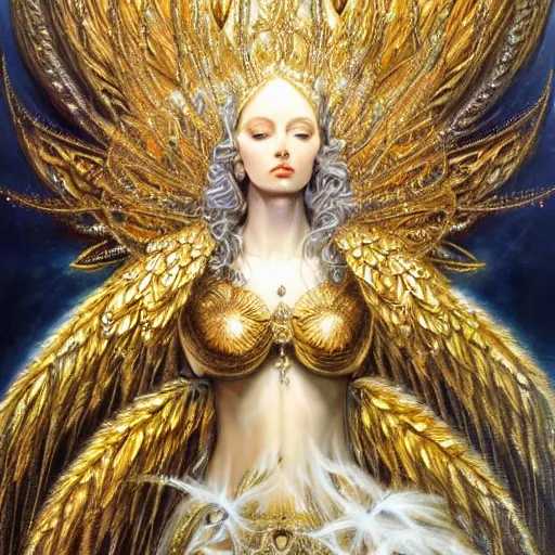 Prompt: beautiful angel with peacock feathers and golden diamond armor, shining light, perls, god rays by Karol Bak, Ayami Kojima, Amano