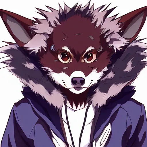 Image similar to key anime visual portrait of an anthropomorphic anthro wolf fursona, in a jacket, with handsome eyes, official anime art