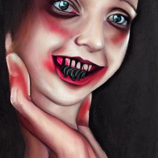 Prompt: a realistic head and shoulder professional portrait of a female vampire, painted, interesting color use, vampire fashion, highly detailed, melancholy, vampire teeth