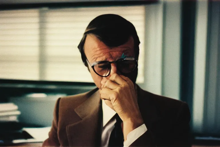 Image similar to close-up color film photography 1970s, long shot, man in suit sits in office with the shadow of the blinds on her face, soft focus, golden hour, soft light, 35mm, film photo, Joel Meyerowitz