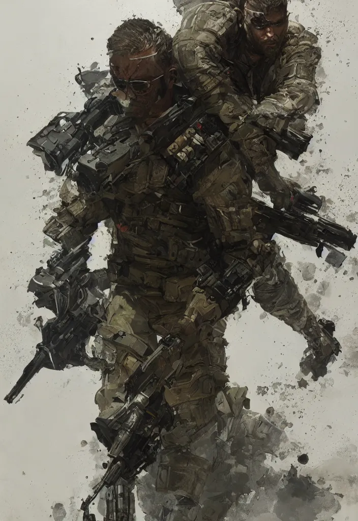 Prompt: A Private Military Operative holding combat knife in combat stance, by Greg Rutkowski, hyper detailed modern European ink painting, a masterpiece, inspired by Metal Gear, by Johnson Ting, Steven Blomkamp, Daniel Hahn