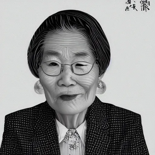 Image similar to portrait of an elderly Japanese woman dressed on a suit and tie, her gray hair in a tight bun, a serious expression on her face, digital art, elegant pose, illustration