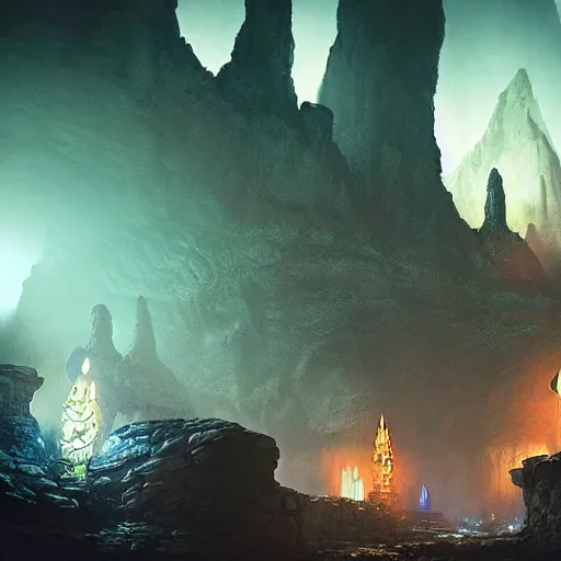 Prompt: “underground dark fantasy city in a giant cave, bioluminescent mushrooms, magic crystals, Artstation HQ, photorealistic, hiperrealistic, 4k UHD, Unreal Engine 5, cinematic shot, cinematic lightning, dark tones, high contrast, masterpiece”