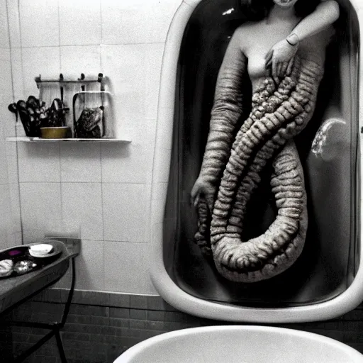 Image similar to a female anthropomorphic intestine in a bathtub, children's television show, 1974, technicolor