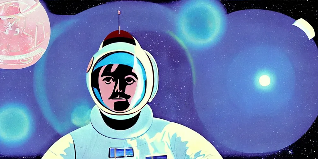 Image similar to a portrait of lonely single Alain Delon alone pilot in spacesuit posing in symmetrical spaceship station landing laying lake artillery porthole captain bridge outer worlds hyper contrast in FANTASTIC PLANET La planète sauvage animation by René Laloux