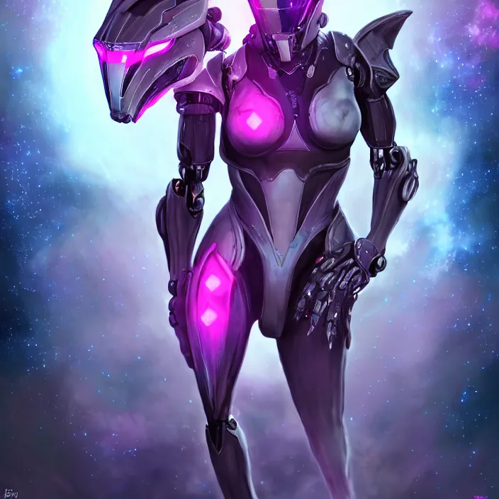 Prompt: cinematic shot, bust, cosmic sized perfectly proportioned stunning hot female warframe, robot mecha female dragon head, silver armor, fuschia leds, floating in empty space, nebula sized, holding a galaxy, epic proportions, epic size, epic scale, furry art, dragon art, giantess art, warframe fanart, furaffinity, deviantart