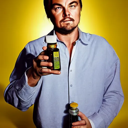 Image similar to detailed studio portrait of leoanrdo dicaprio holding tiny jar of tincture. watching at camera. studio light, polished look, solid background, ad, fashion photography, by pierpaolo ferrari and maurizio cattelan, 3 5 mm photograph, david lachapelle, canon eos c 3 0 0, 8 k