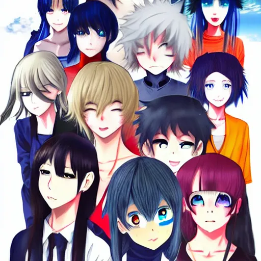 Image similar to there were eight anime people, no more than eight. Less than nine but more than seven, eight eight eight, 2 girls 6 guysdigital art