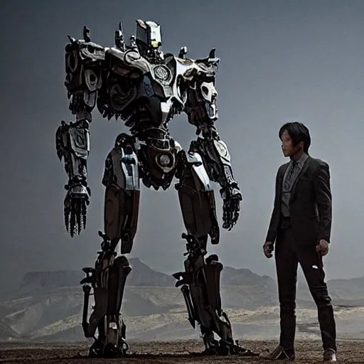 Image similar to cinematic still in westworld and pacific rim movie and real steel movie, one slim full body ornate intricate humanoid mega mech by fujioka kenki and by mamoru nagano