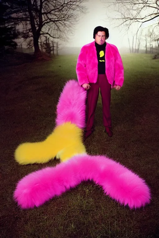 Prompt: 1 8 mm f 1 6 wide shot full body portrait photography of a worried man wearing pink and yellow fur mittens who looks like a mix of lou diamond phillips and jack black wearing a retro alien invasion movie costume from the 1 9 6 0 s, photo by gregory crewdson