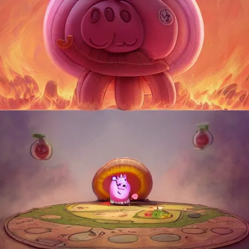 Prompt: Peppa Pig plays in front on a large nuclear mushroom and is totally oblivious to the fact that the city is in flames and everyone die. Elegant, intricate, digital painting, artstation, concept art, smooth, sharp focus, illustration, art by artgerm and greg rutkowski and alphonse mucha