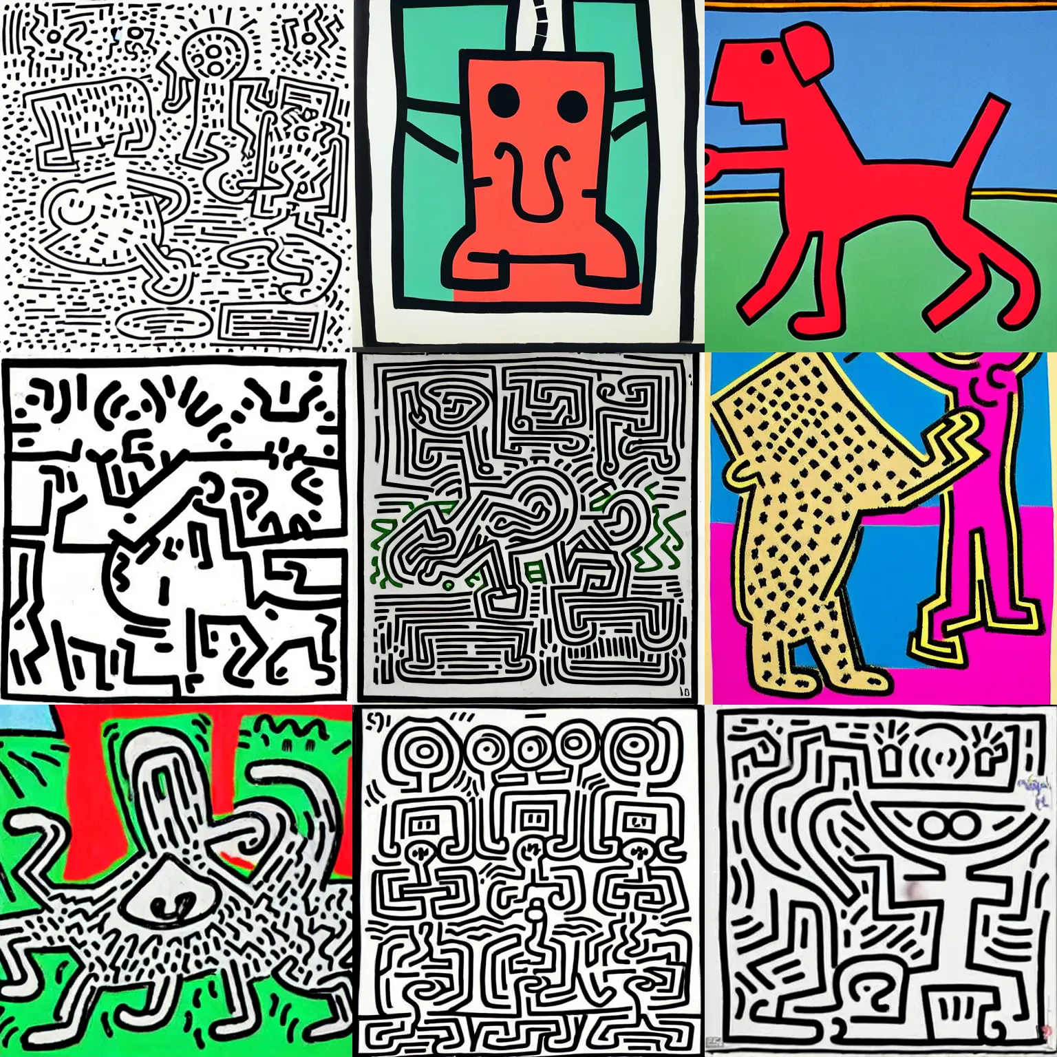 Prompt: a cute dog in a park, keith haring, jean dubuffet, screen printing, line drawing