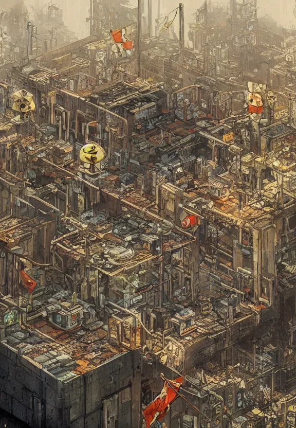 Image similar to [Underground colony with checkered flags, rust and brutalist buildings and little mushrooms. Propaganda poster, intricate, elegant, highly detailed, digital painting, artstation, concept art, matte, sharp focus, illustration, art by Enki Bilal and Moebius]