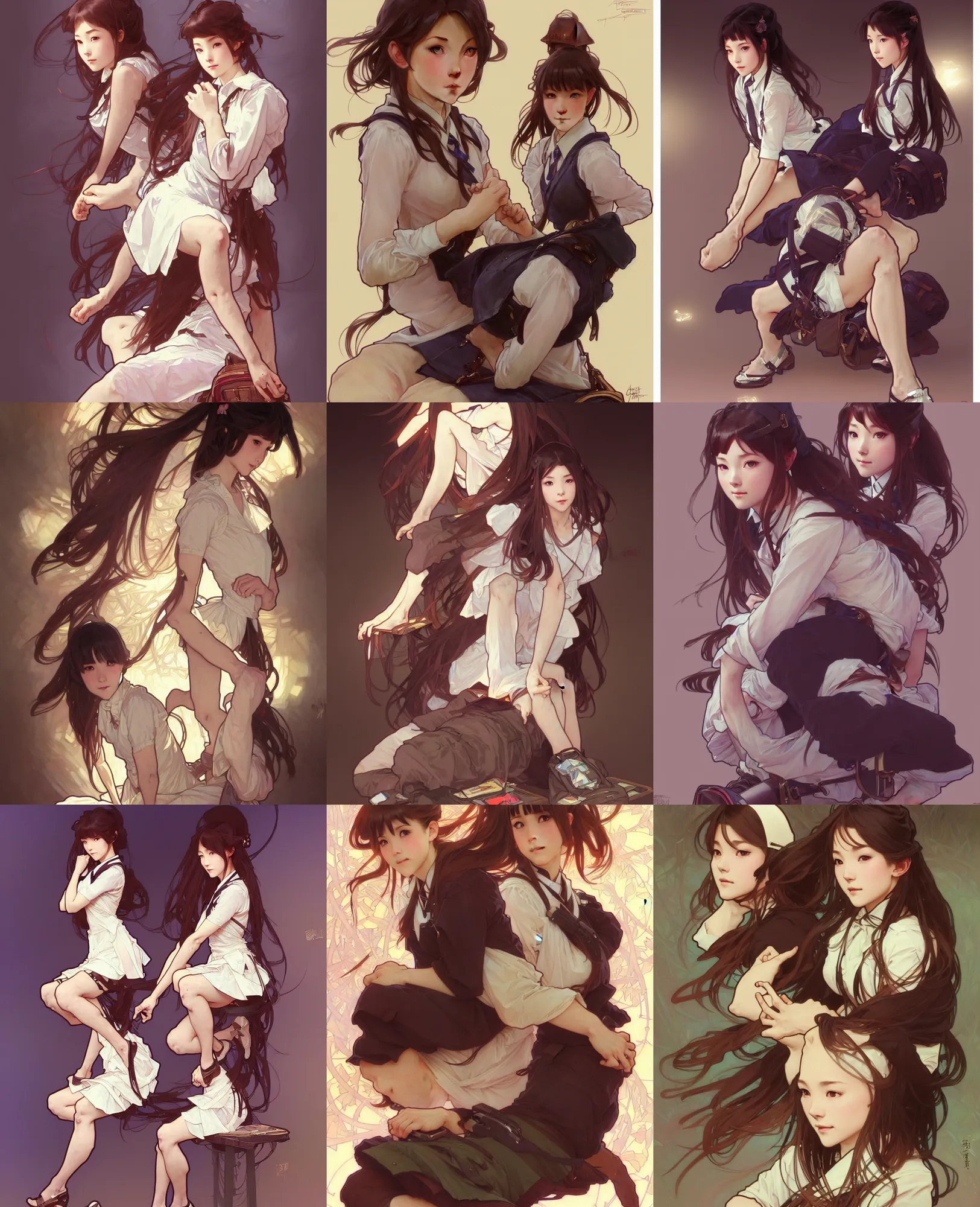 Prompt: a digital concept art by artgerm and greg rutkowski and alphonse mucha. clear portrait of a squatting attractive japanese school girl in uniform!! sit on heels!! school bag, light effect. hyper detailed, character concept, glowing lights!! intricate, elegant, digital painting, artstation, smooth, sharp focus