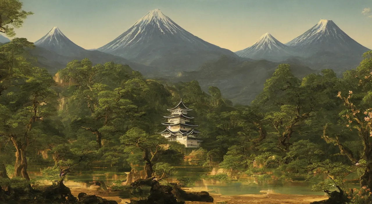 Prompt: a painting of a Japanese castle, with a garden as foreground, with mountains as background, by Thomas Cole