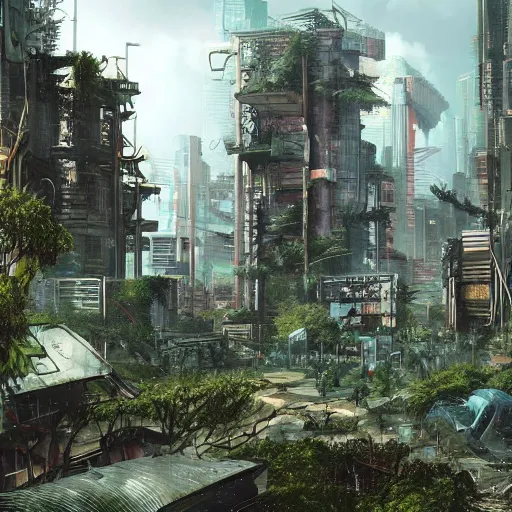 Image similar to cyberpunk city in ruin, overgrown, nature returning, lush vegetation and animals