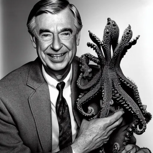 Image similar to mr. rogers wearing a cursed octopus as a hat, darkly lit horror photo