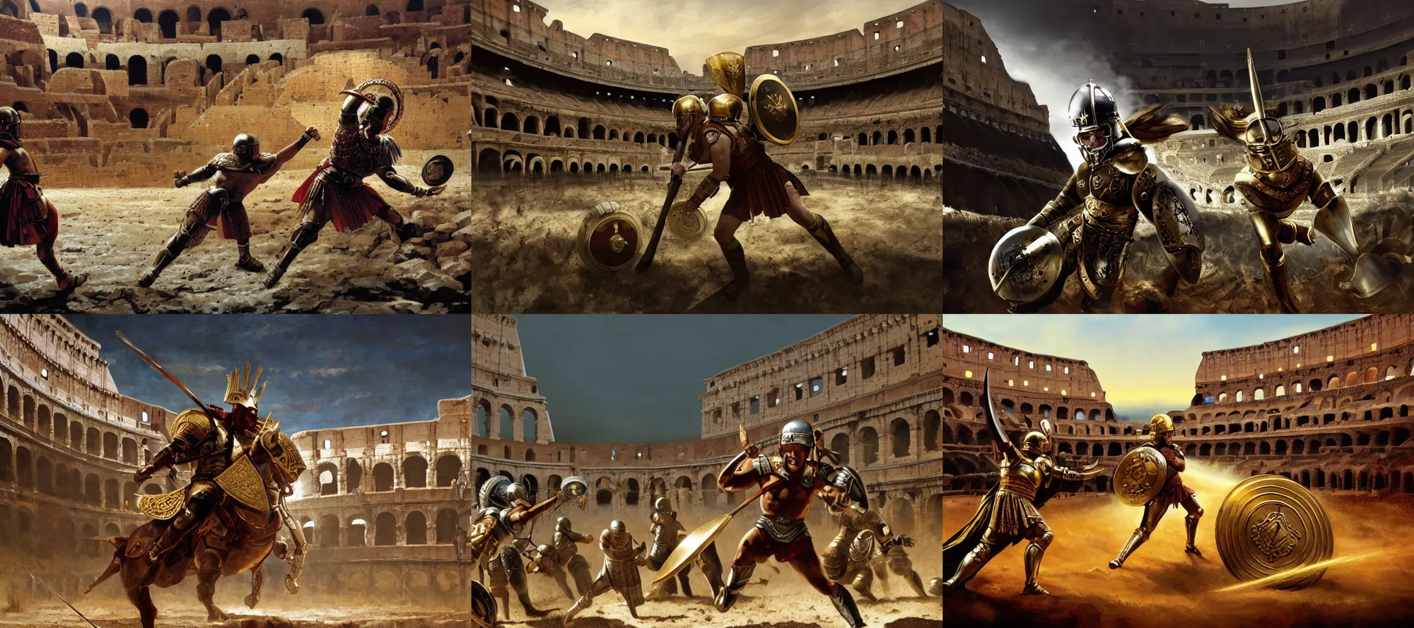 Prompt: incredible screenshot, roman gladiator wearing a gold helmet and reflective silver circle shield defensive fighting in a sandy arena, in the Colosseum, dynamic camera angle, deep 3 point perspective, fish eye, dynamic scene, by phil hale, ashley wood, geoff darrow, james jean, craig mullins, Jean-Leon Gerome, 8k, hd, high resolution print