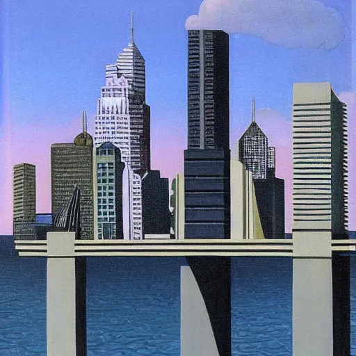 Prompt: Sydney skyline painted by Rene Magritte