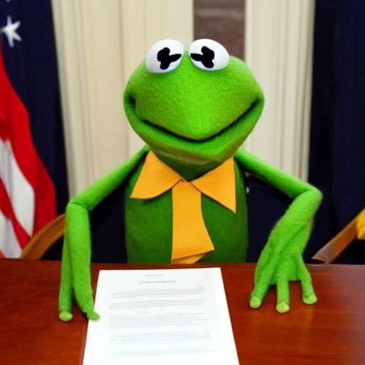 Prompt: Kermit the frog as President sitting in the Oval Office signing papers wearing a suit and tie
