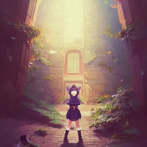 Image similar to very small little girl in a cat hoodie by ross tran, walking in a castle painted by sana takeda, rtx reflections, very high intricate details, digital anime art by artgerm, medium shot, mid - shot, composition by ilya kuvshinov, lighting by greg rutkowski