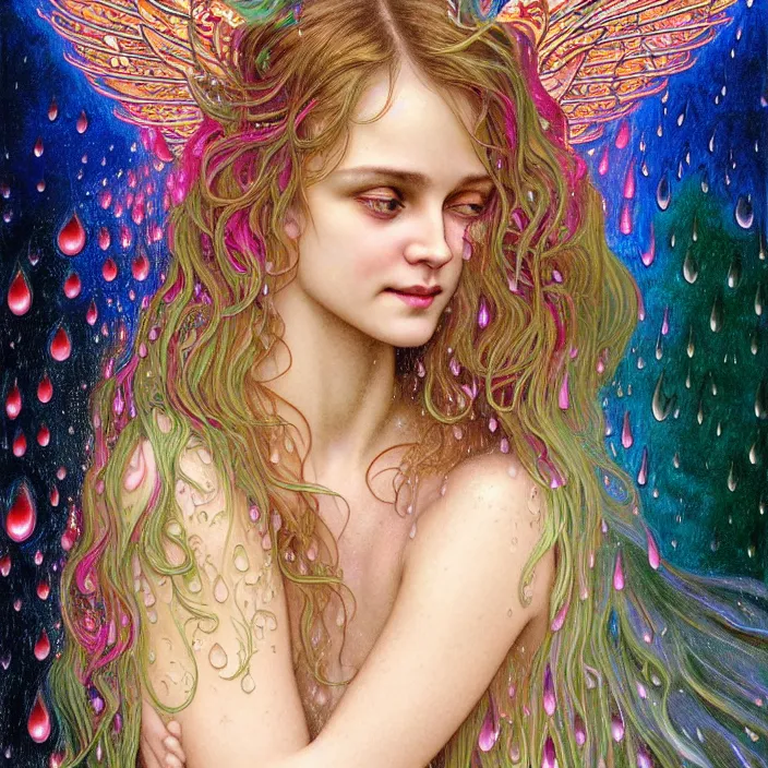 Image similar to bright psychedelic angel portrait with rain on face and wet hair, smiling, diffuse lighting, fantasy, intricate, elegant, highly detailed, lifelike, photorealistic, digital painting, artstation, illustration, concept art, smooth, sharp focus, art by John Collier and Albert Aublet and Krenz Cushart and Artem Demura and Alphonse Mucha