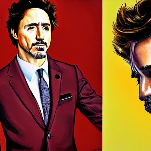 Image similar to portrait of justin trudeau or robert downey junior by greg ruthkowski