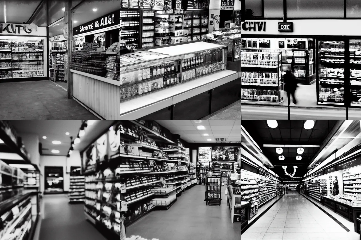 Prompt: CCTV footage, the store, black and white with mixed noise,