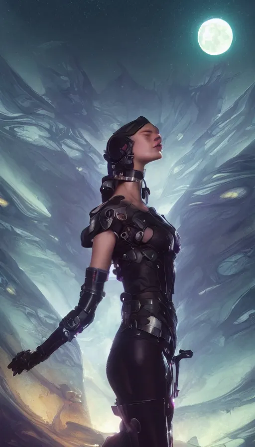 Prompt: epic masterpiece sweet dreams, virtual reality, cyberpunk, hyperrealistic, octane render, cinematic, night, moon, beautiful face and flawless skin, perfect hands, 5 fingers, emerald by Edgar Maxence and Ross Tran and Michael Whelan, Lorenzo Sperlonga Legends of Runeterra