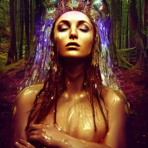 Prompt: goddess of the universe. fantasy. ultra realistic portrait of the women. wrapped in wet silk. melted wax. magical. high fantasy. forest. volumetric lighting. nature. haze. epic. cinema.