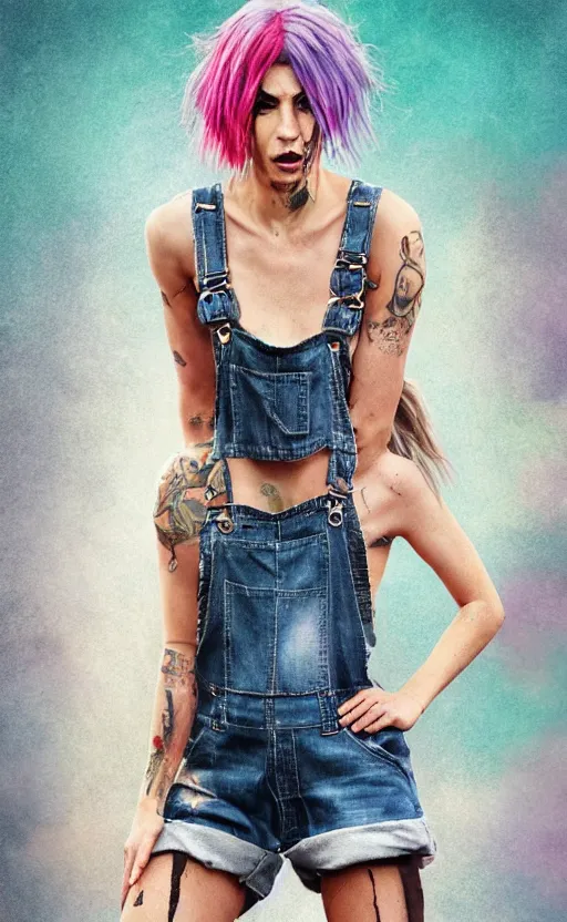 Prompt: Full body, fit, attractive grungy woman with rainbow hair, soft eyes and narrow chin, fit dainty figure, long hair straight down, torn overalls, short shorts, fishnets, combat boots, basic white background, side boob, in the rain, wet shirt, luscious, style by Jordan Grimmer and greg rutkowski, crisp lines and color,