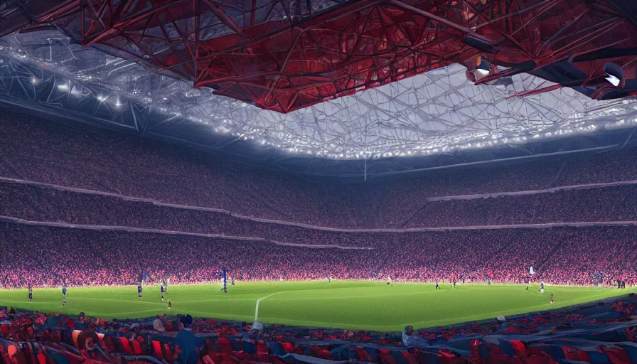 Prompt: interior of a gigantic soccer stadium with giant screens while champion league's final between psg and bayern munich, hyperdetailed, artstation, cgsociety, 8 k