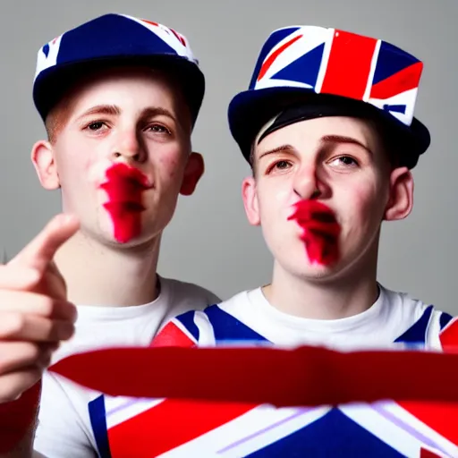 Image similar to mid-shot portrait photograph of two male British chav youths holding knives, with white powder on their faces, wearing the Union Jack, and wearing fez caps, high quality