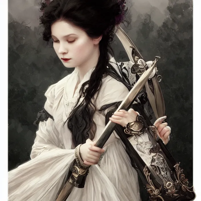 Image similar to young girl holding quiver, full body, victorian goth, white powder makeup, dark lipstick, asian black hair, d & d, fantasy, intricate, elegant, highly detailed, digital painting, artstation, concept art, matte, sharp focus, illustration, art by artgerm and greg rutkowski and alphonse mucha