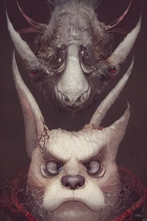 Image similar to a portrait of a japanese devil animal illustrated by miyazaki by karol bak, james jean, tom bagshaw, rococo, sharp focus, trending on artstation, cinematic lighting, hyper realism, octane render, 8 k, hyper detailed, vivid, ultra detailed, highly detailed