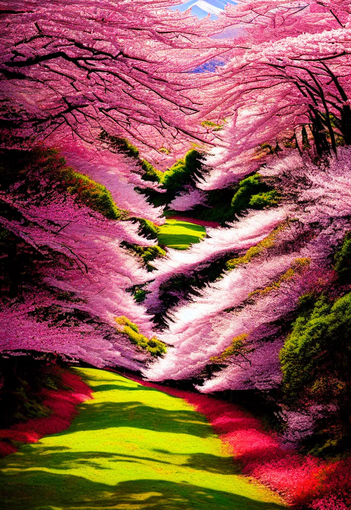 Image similar to a real photographic landscape painting with incomparable reality, wide angle, in forest, flowers, cherry blossom tree in full bloom, bright style, mount fuji, clearing, 8 k, magnificent, artstation