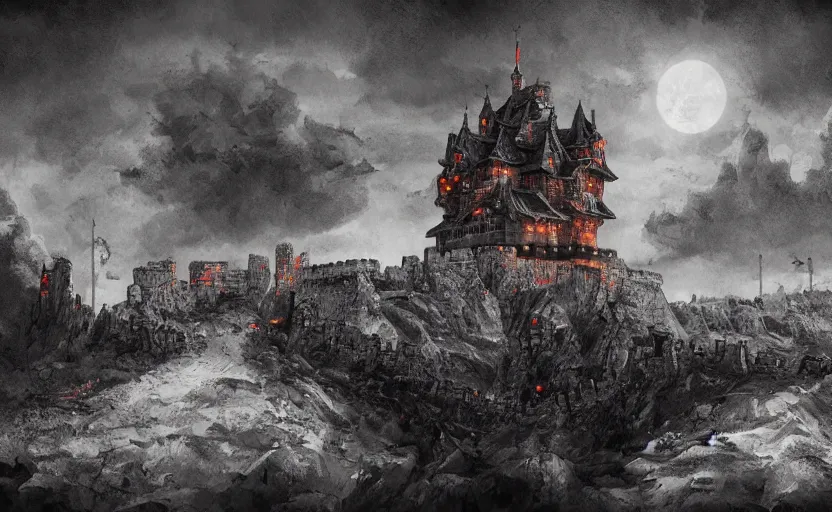 Prompt: menacing castle in hell dominates the landscape, digital art, trending on artstation
