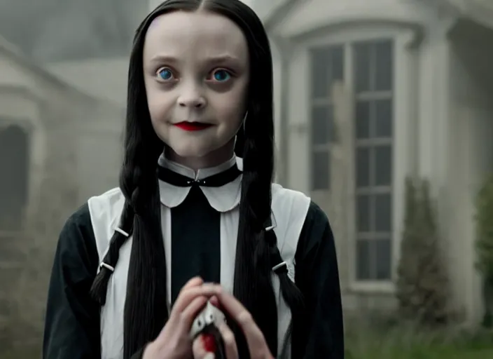 Prompt: film still of wednesday addams in the new scifi movie, 4 k