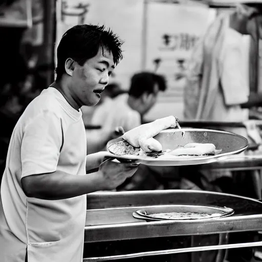 Prompt: a photograph of pikachu, with a towel over his neck, flipping roti prata at a hawker stall in singapore, nikkor 3 5 mm f / 4. 5, press photography - c 5 0