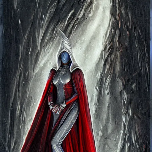 Image similar to tall thin gray - skinned brooding space elf priestess in ornate hooded long red cloak, on space station, highly detailed, mike mignogna, comic book, science fiction, dark tones, dark, rough paper, oil painting