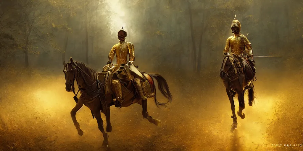 Prompt: headless soldier in gold mughal armor riding a horse in a dark forest, cinematic composition, a fantasy digital painting by Greg Rutkowski and James Gurney, trending on Artstation, highly detailed, hyperrealistic, realistic, photorealistic, dynamic lighting, highly detailed, cinematic landscape, studio landscape, studio lighting