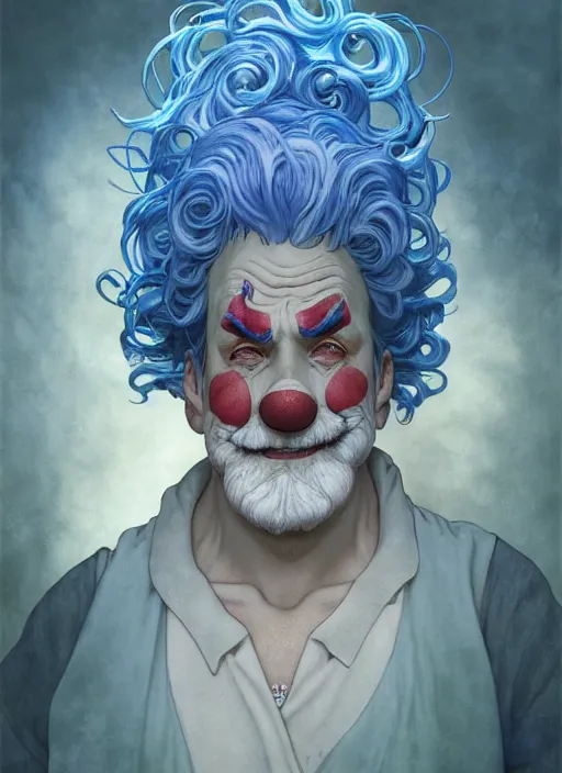 Prompt: wrinkled old clown with curly shiny shimmering blue hair, path traced, highly detailed, high quality, digital painting, by studio ghibli and alphonse mucha, leesha hannigan, hidari, disney