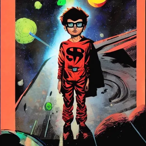 Image similar to Alex Ross and Sergio Bleda and Jérémy Petiqueux and Alex Maleev artwork of a boy super scientist in a retro space costume